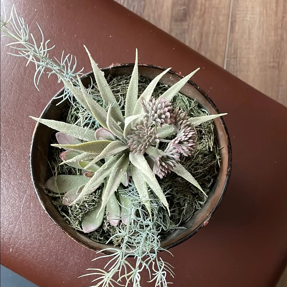 Rustic Brown Planter with Green Faux Succulents